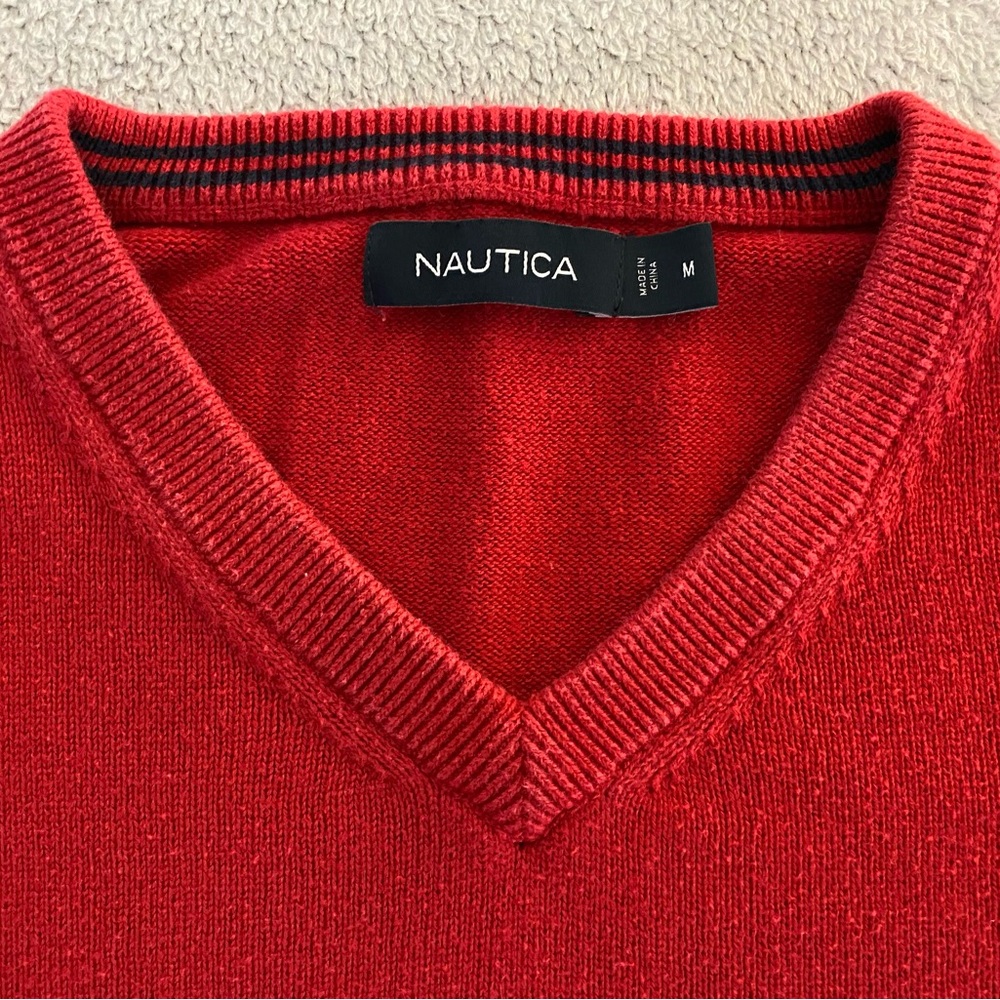 Nautica Red V-Neck Sweater Bold Knit Design - Picture 2 of 5